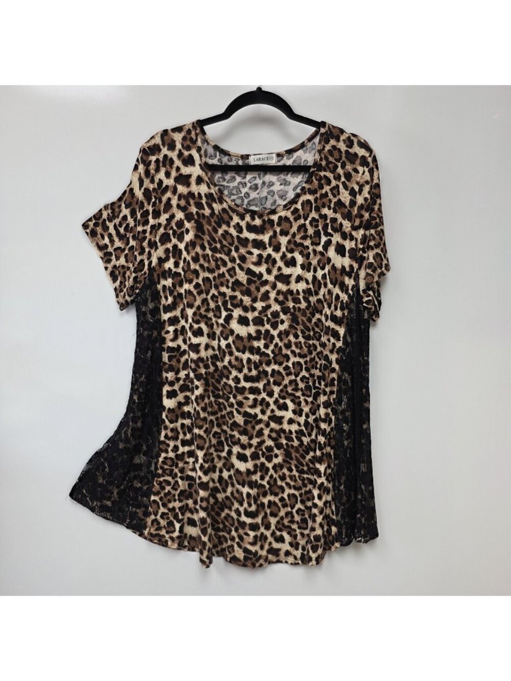 LARACE Shirt Womens 3X Brown Leopard Lace Side Tunic Top Short Sleeve Plus